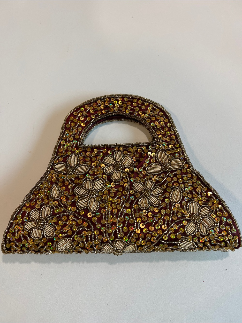 Embellished Floral Beaded Evening Handbag in Burgundy 7x10”